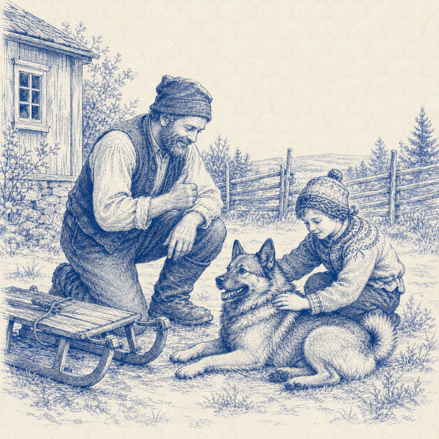 Norwegian Elkhound, blue and white toile illustration