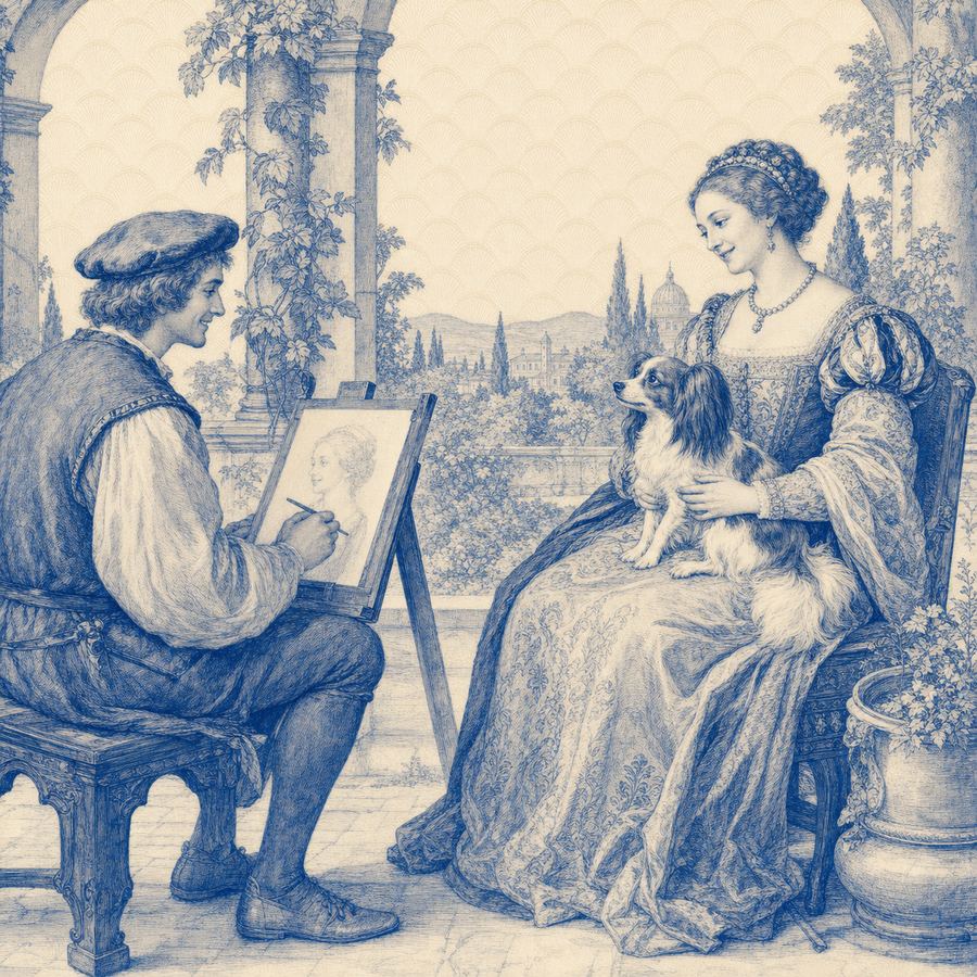 Papillon, blue and white toile illustration