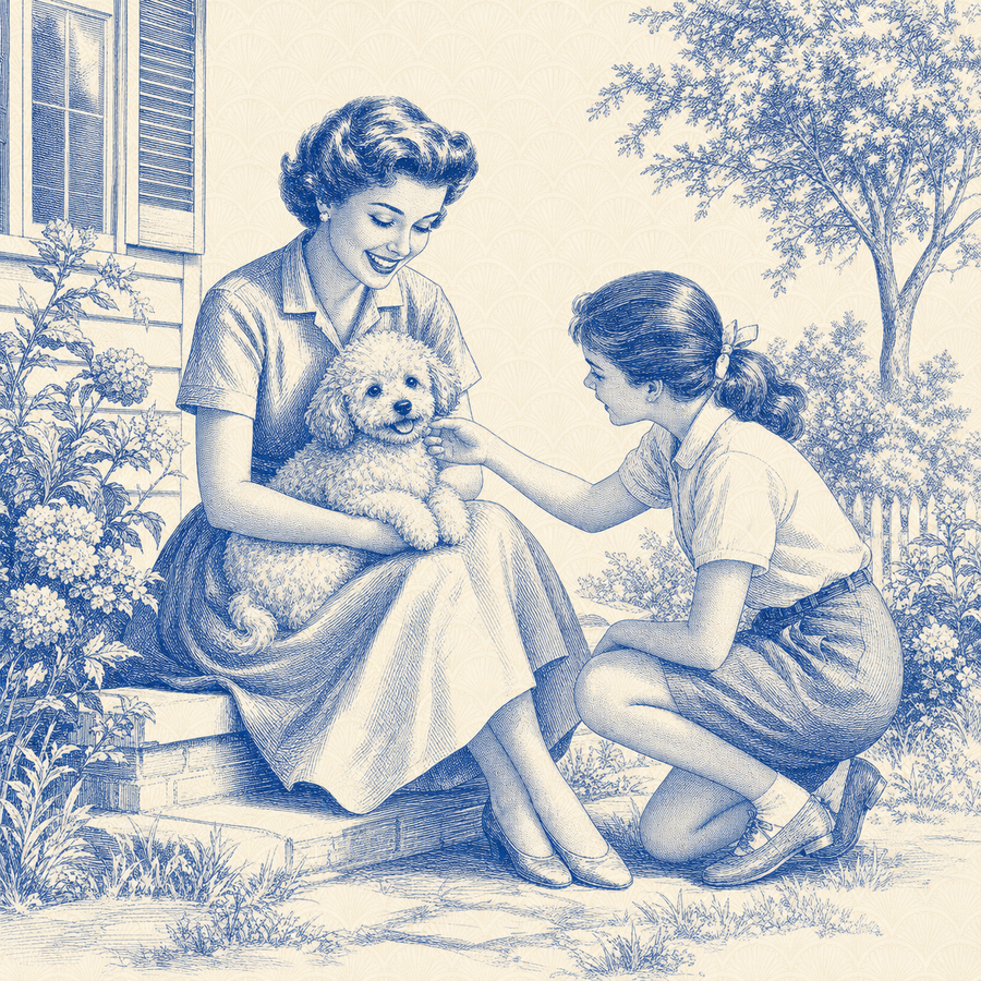 Pekepoo, blue and white toile illustration