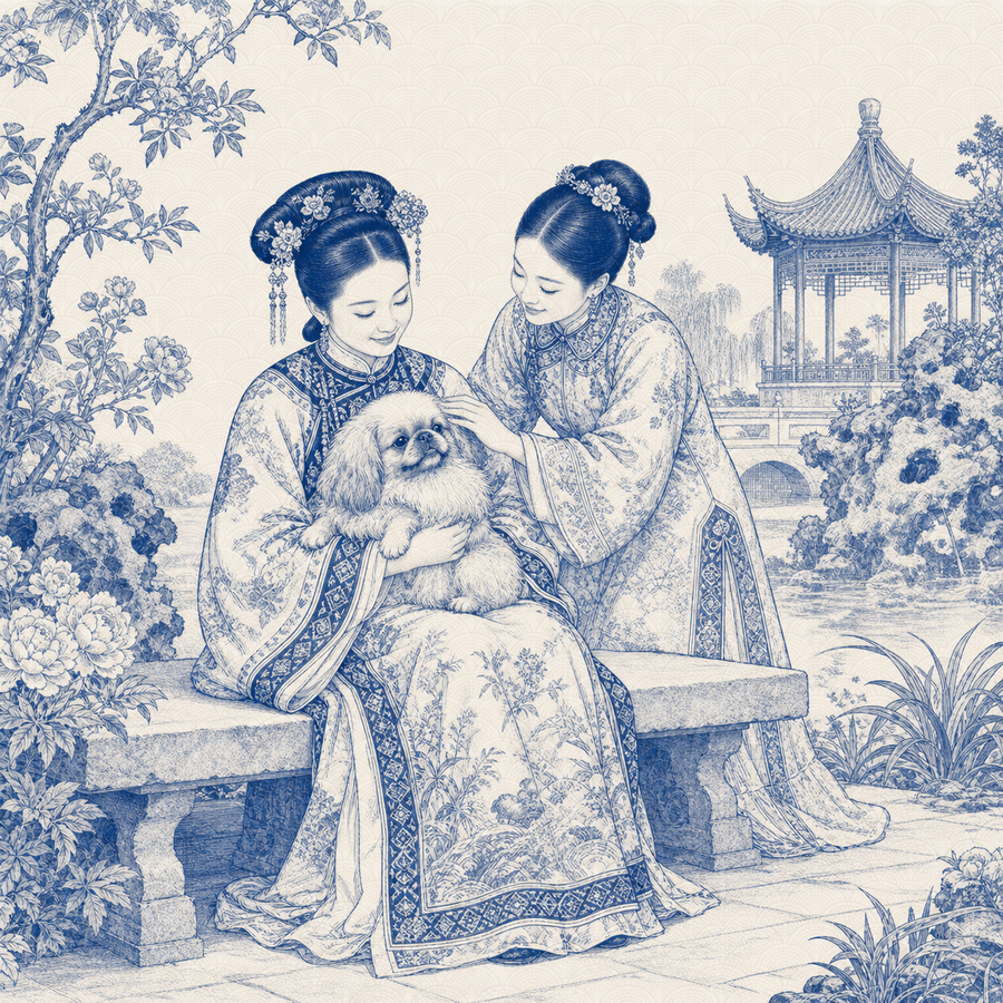 Pekingese, blue and white toile illustration