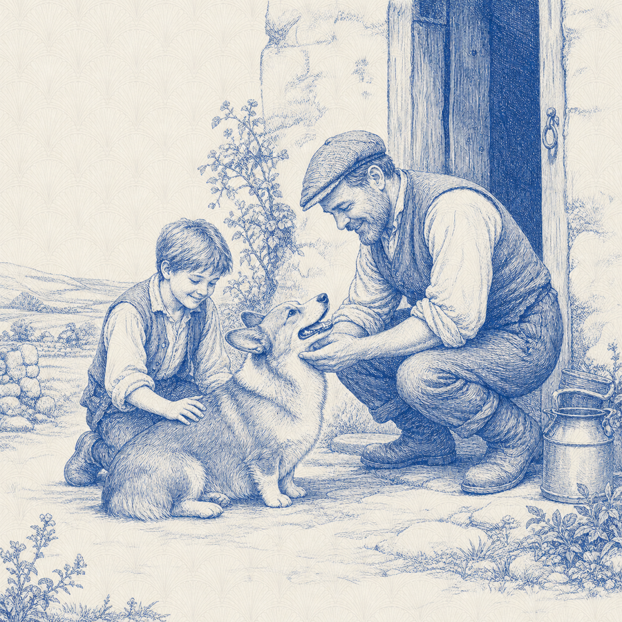 Pembroke Welsh Corgi, blue and white toile illustration