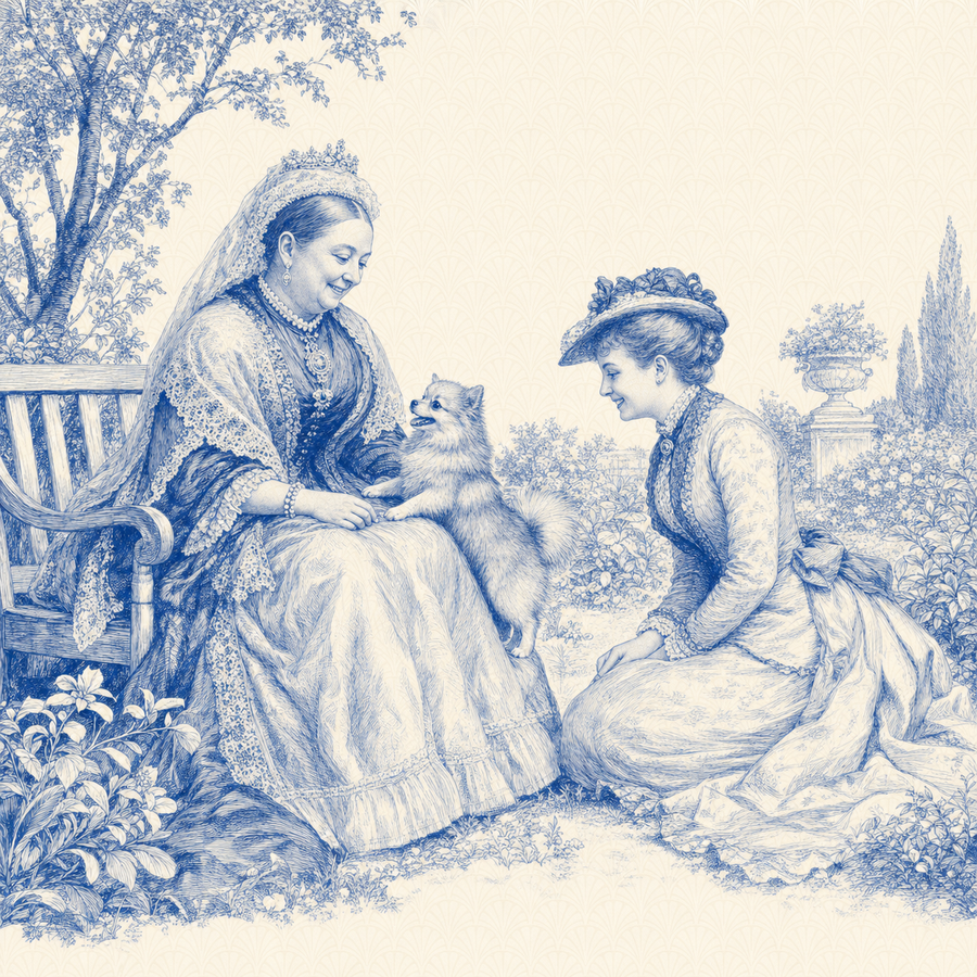 Pomeranian, blue and white toile illustration