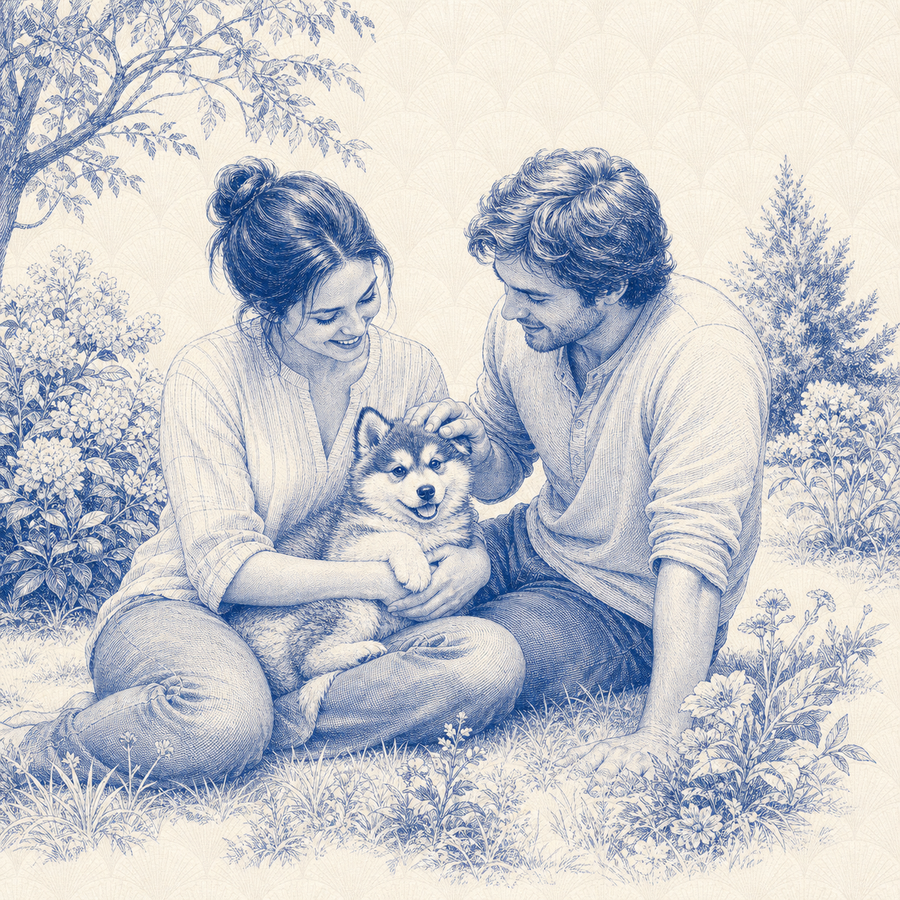 Pomsky, blue and white toile illustration