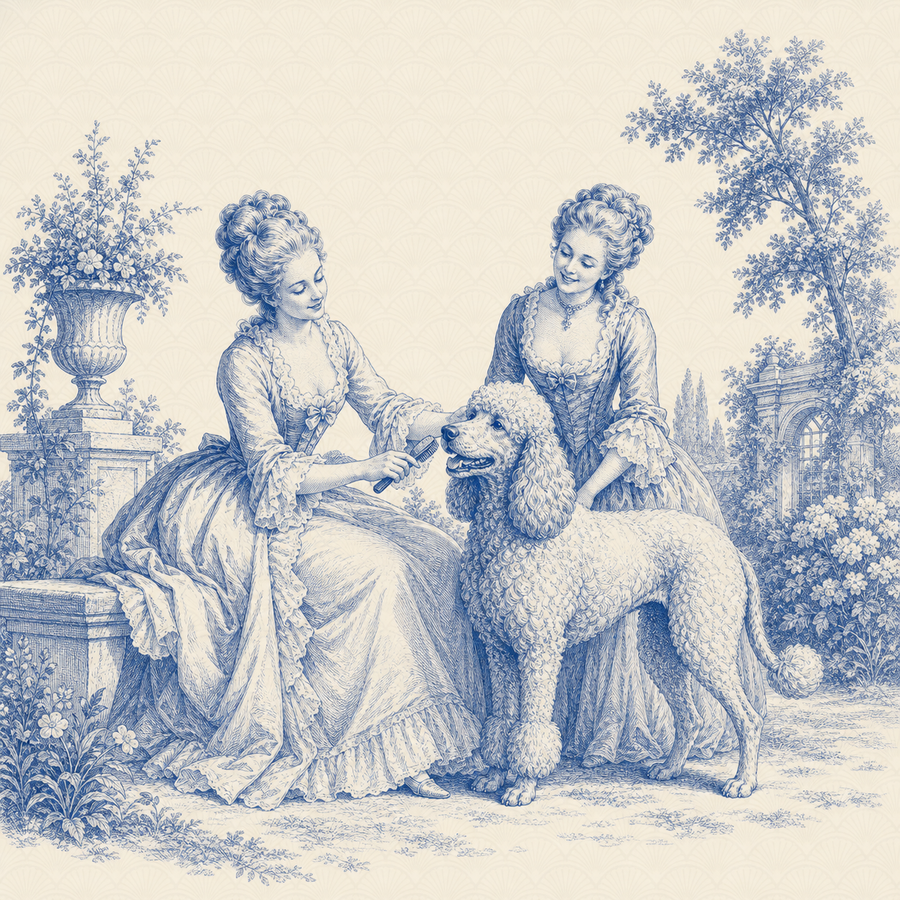 Poodle, blue and white toile illustration