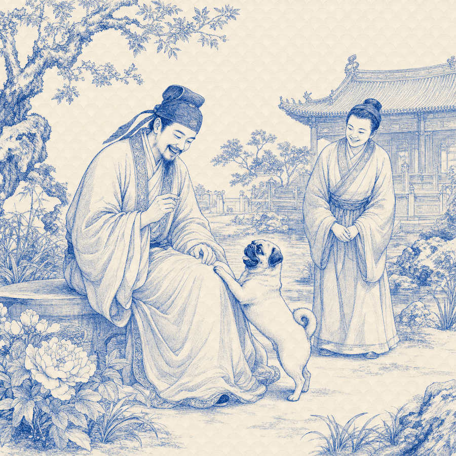 Pug, blue and white toile illustration