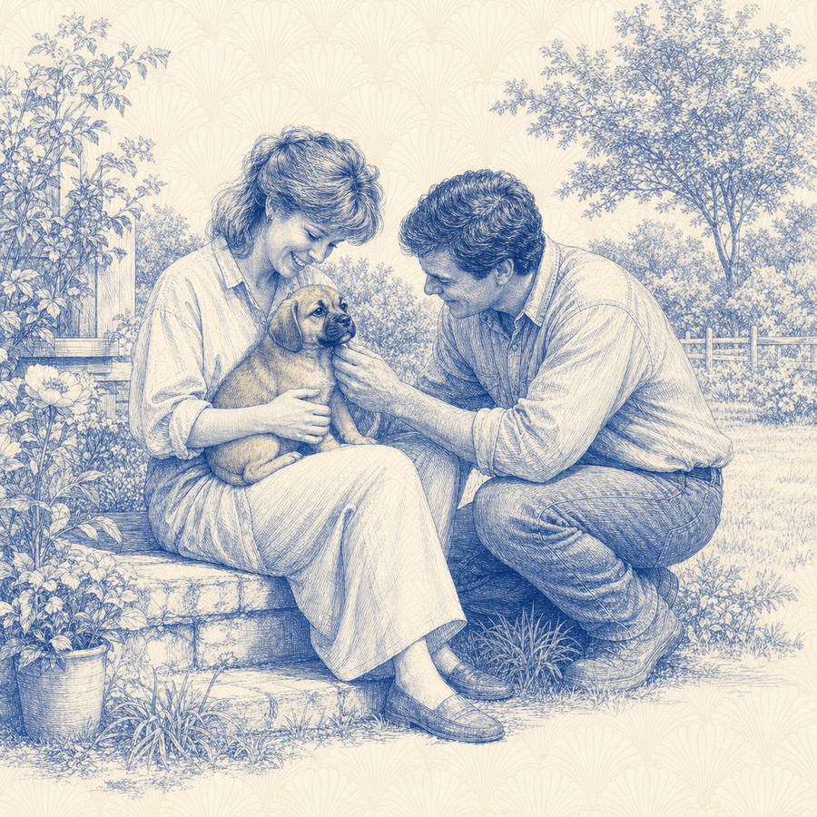 Puggle, blue and white toile illustration