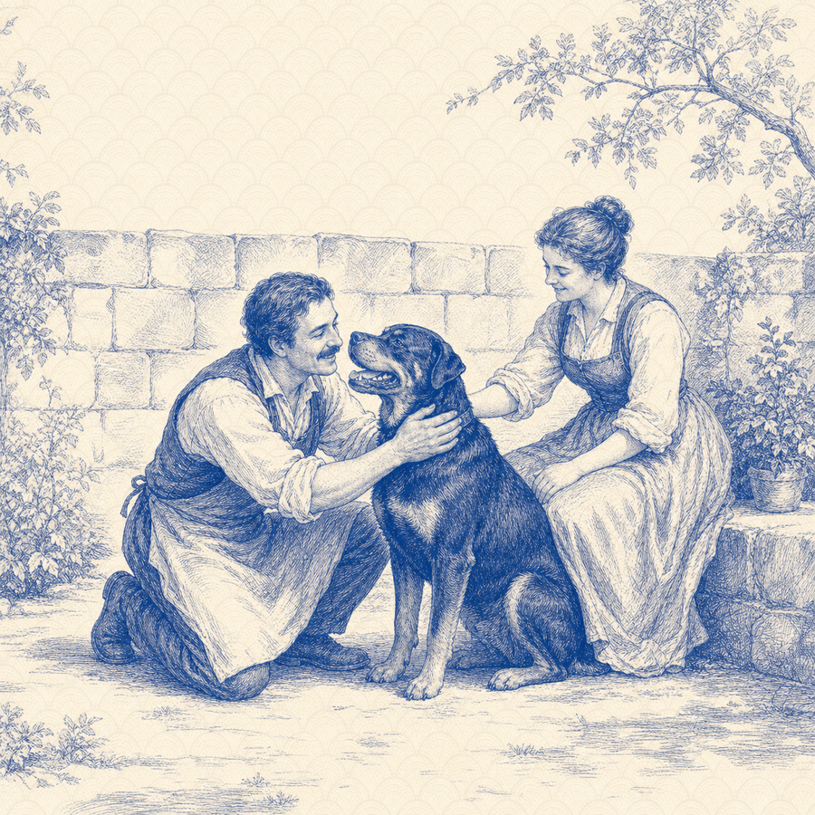 Rottweiler, blue and white toile illustration