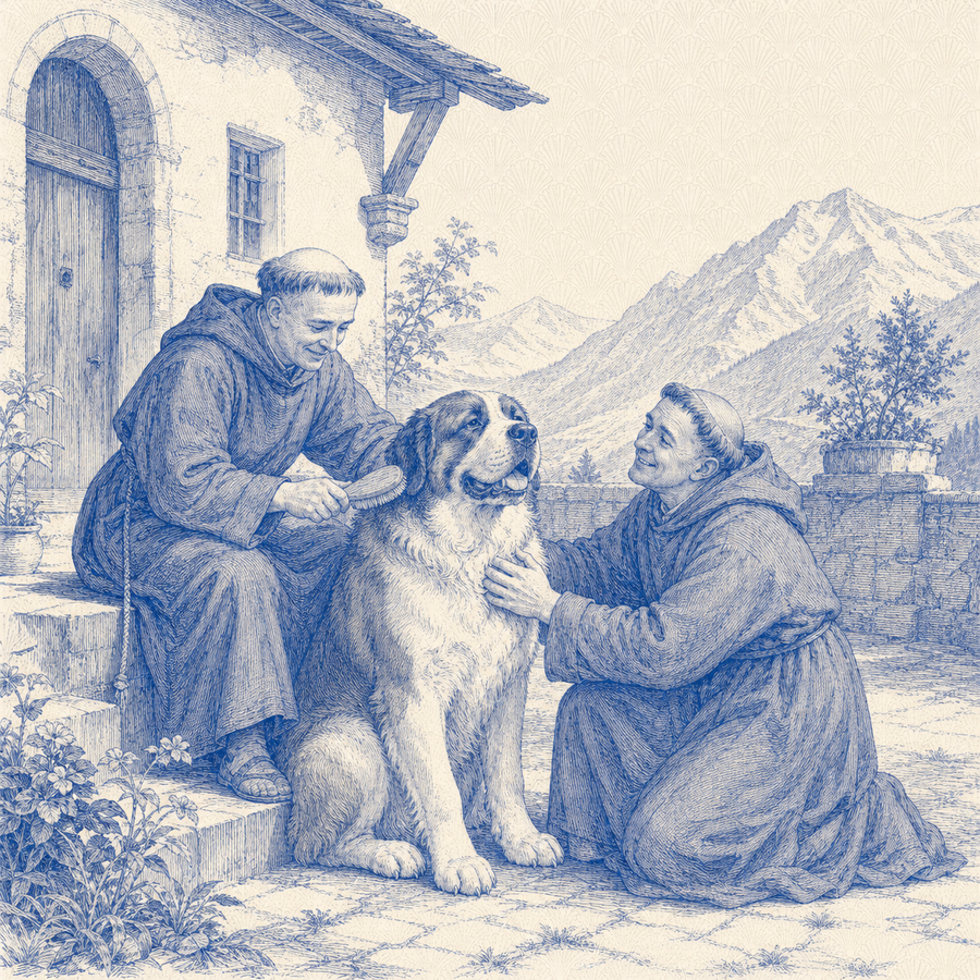 Saint Bernard, blue and white toile illustration