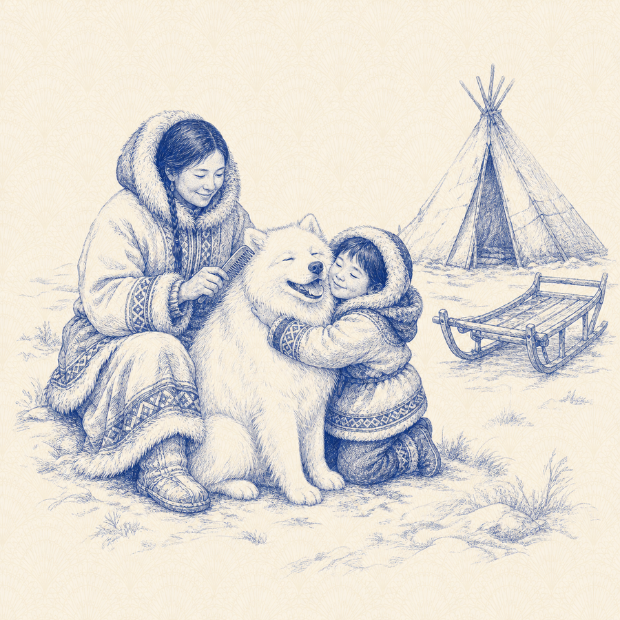 Samoyed, blue and white toile illustration