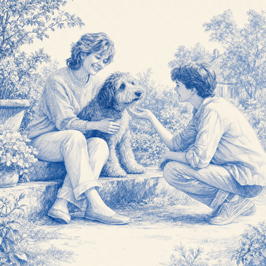 Schnoodle, blue and white toile illustration