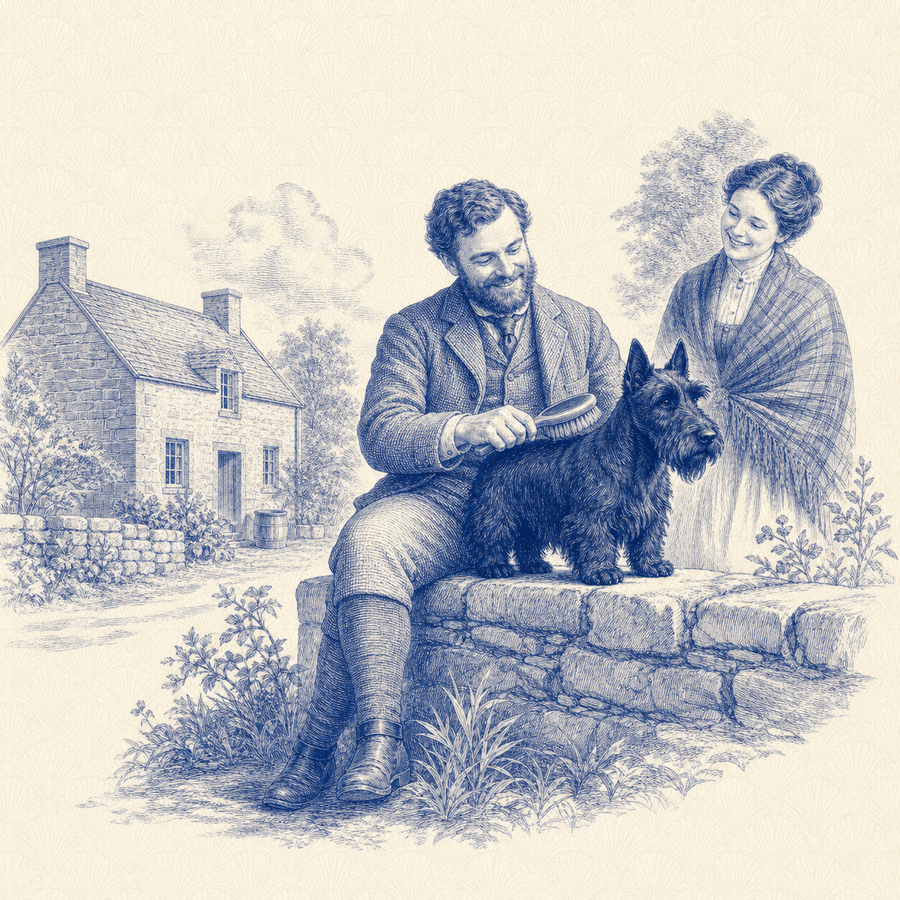 Scottish Terrier, blue and white toile illustration