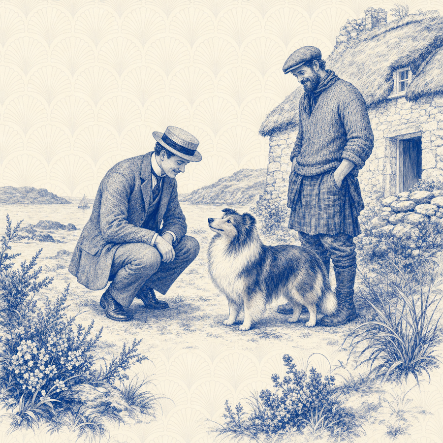 Shetland Sheepdog, blue and white toile illustration
