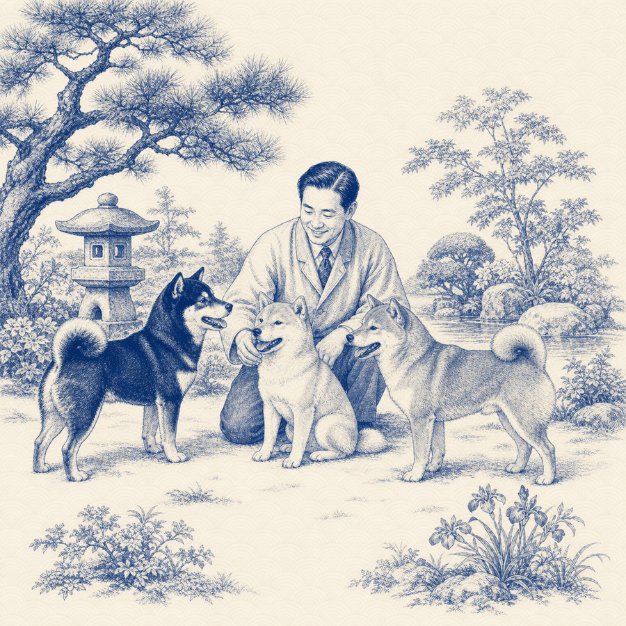Shiba Inu, blue and white toile illustration