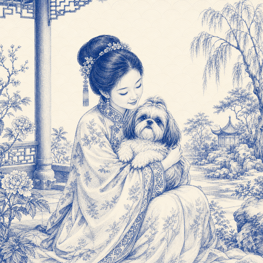 Shih Tzu, blue and white toile illustration