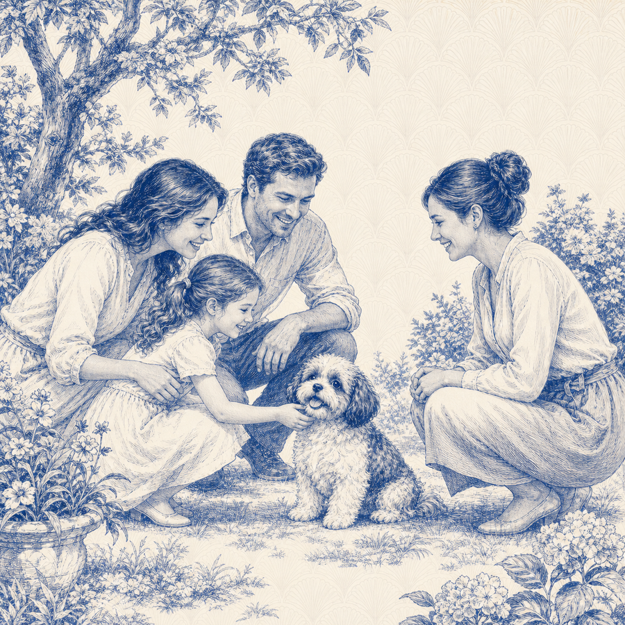 Shihpoo, blue and white toile illustration
