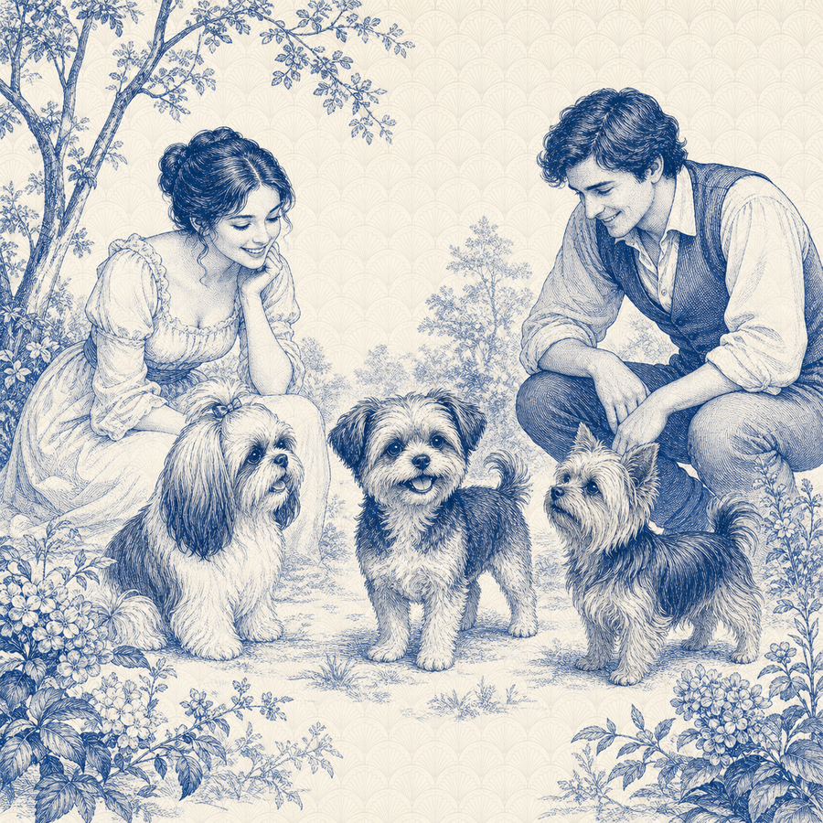 Shorkie, blue and white toile illustration