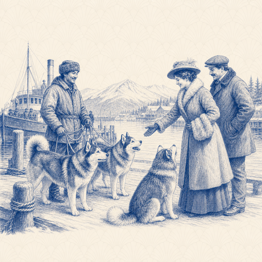 Siberian Husky, blue and white toile illustration