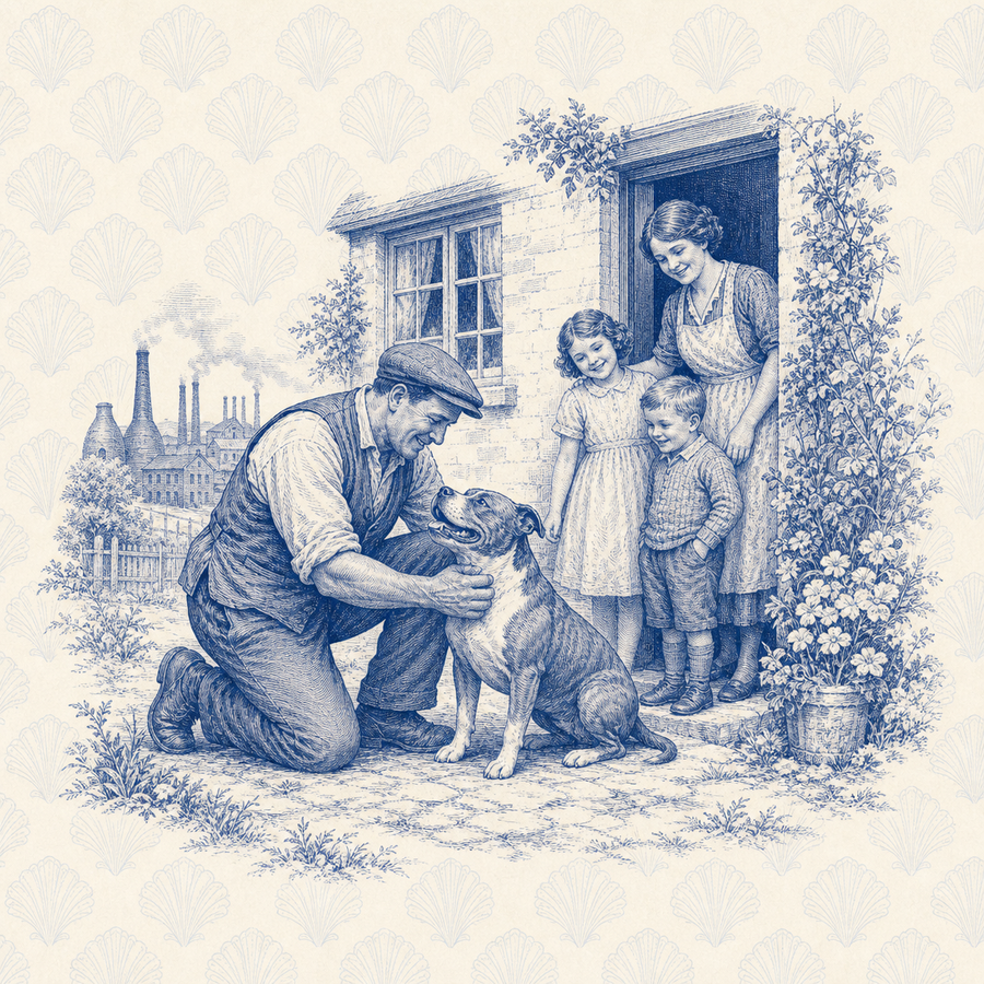 Staffordshire Bull Terrier, blue and white toile illustration