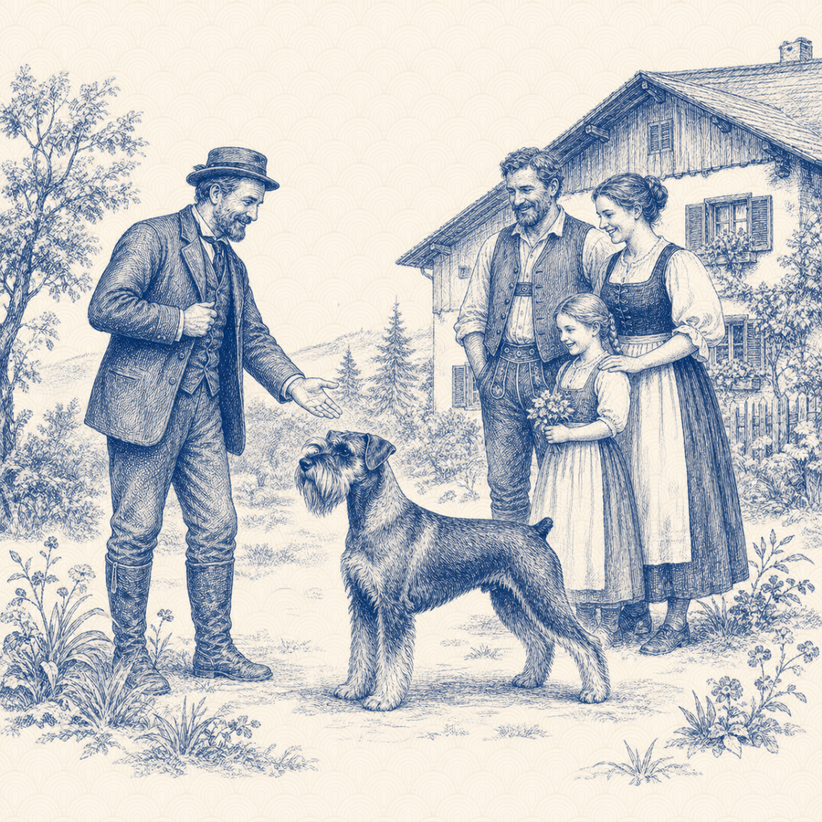 Standard Schnauzer, blue and white toile illustration