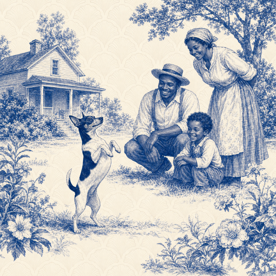 Toy Fox Terrier, blue and white toile illustration