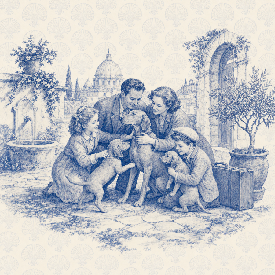 Vizsla, blue and white toile illustration