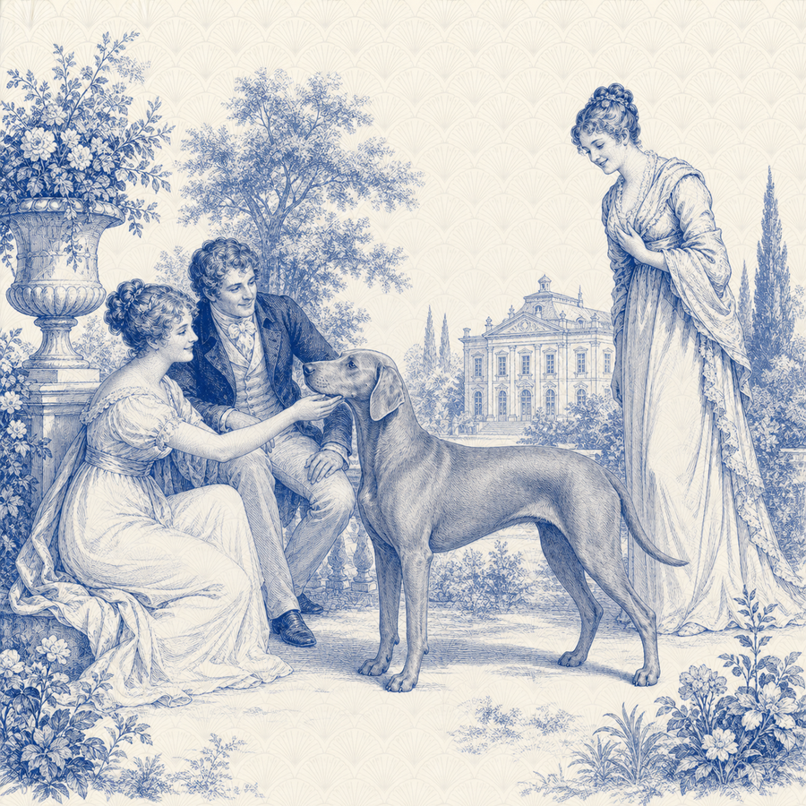 Weimaraner, blue and white toile illustration