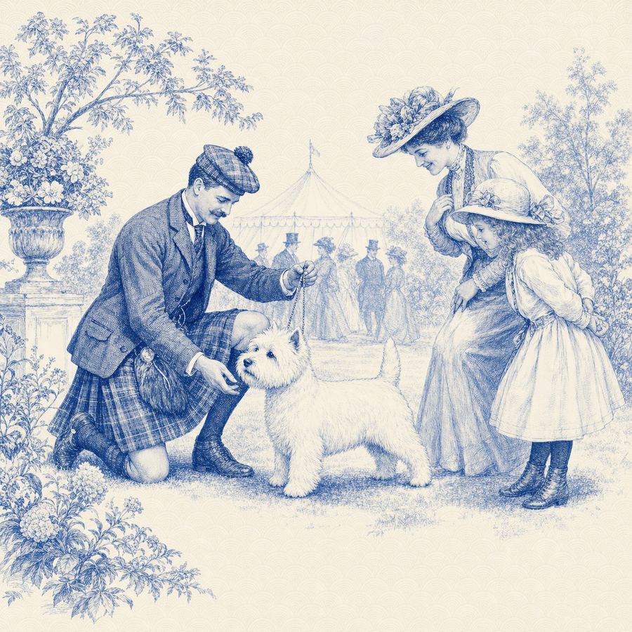 West Highland White Terrier, blue and white toile illustration