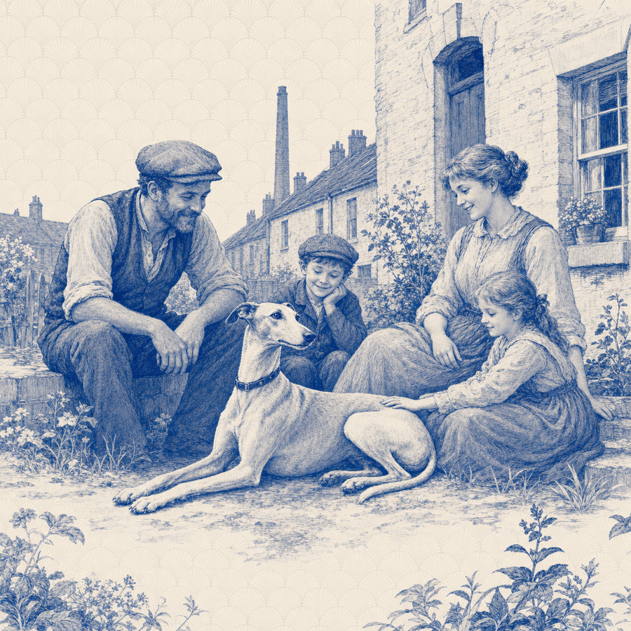 Whippet, blue and white toile illustration
