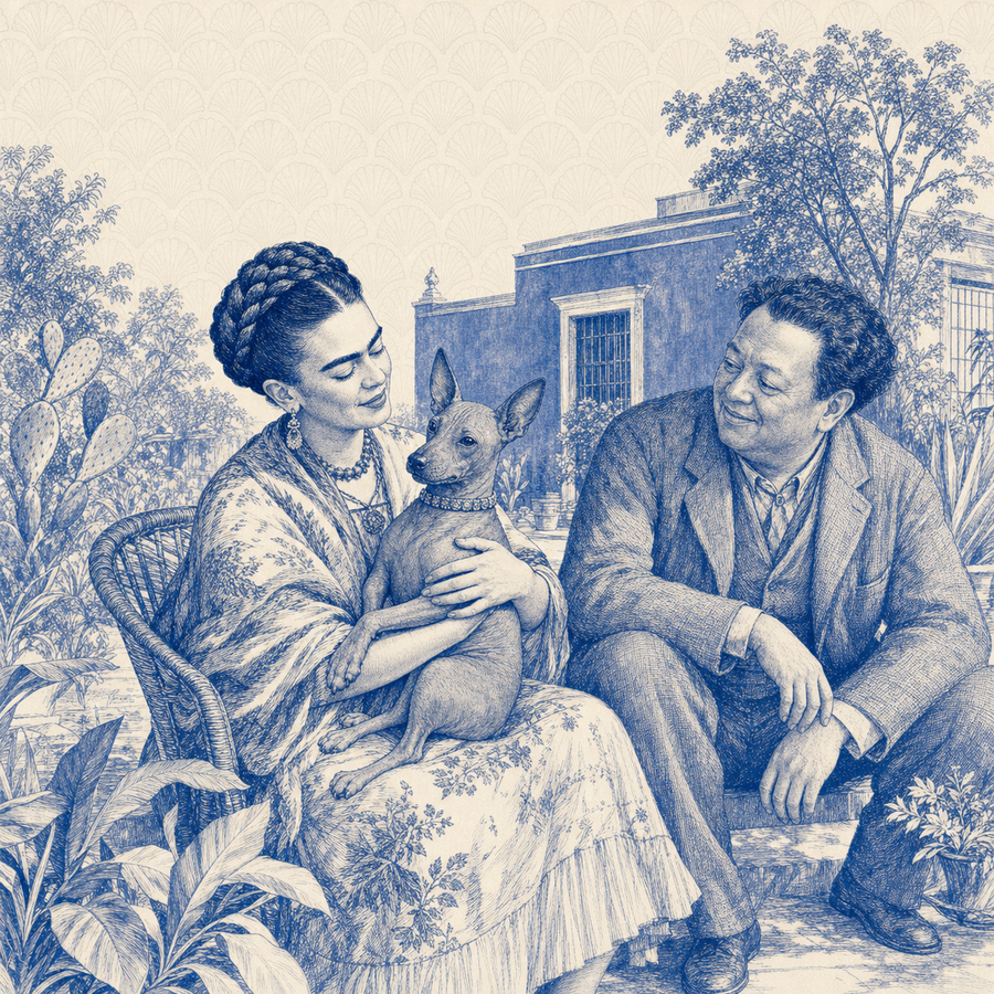 Xoloitzcuintle, blue and white toile illustration