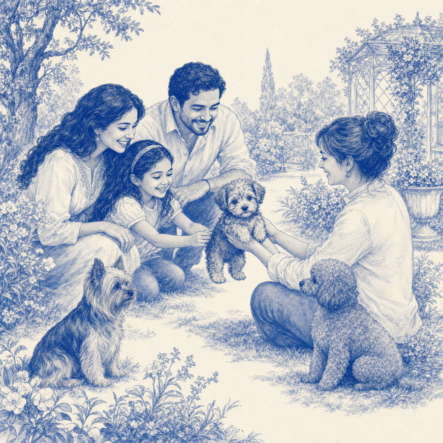 Yorkipoo, blue and white toile illustration