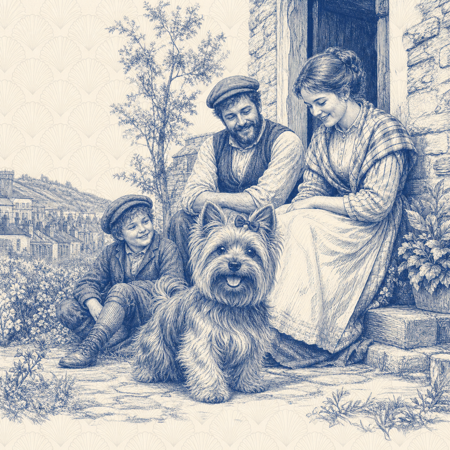 Yorkshire Terrier, blue and white toile illustration