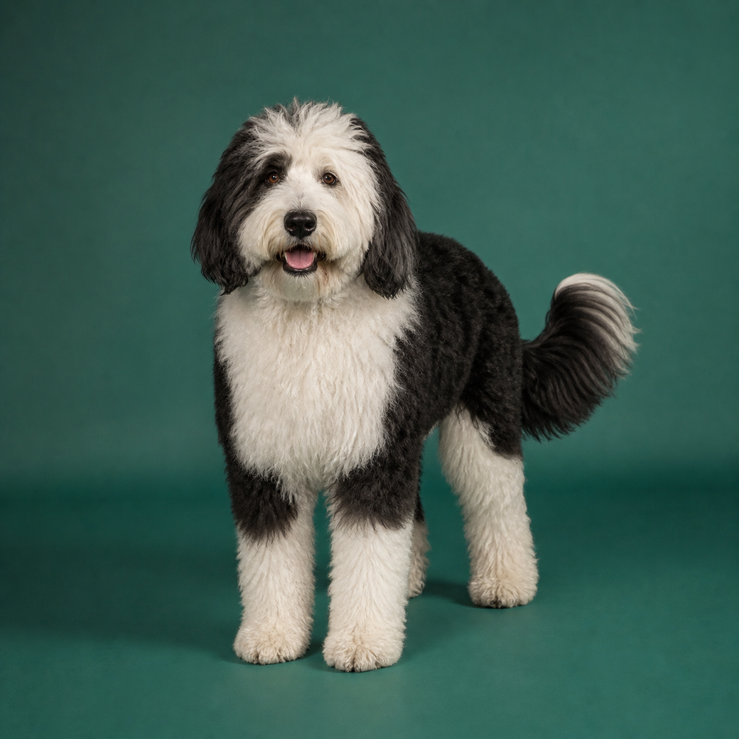 Sheepadoodle, studio portrait