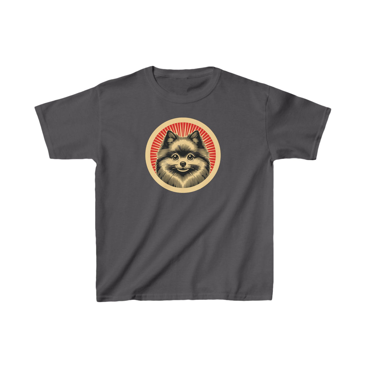 Pomeranian badge art in a ring of red rays on a kids' tee