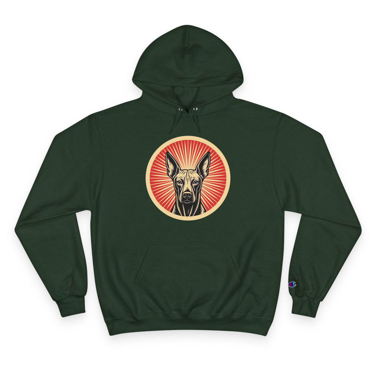 Xoloitzcuintle badge art in a ring of red rays on a champion hoodie