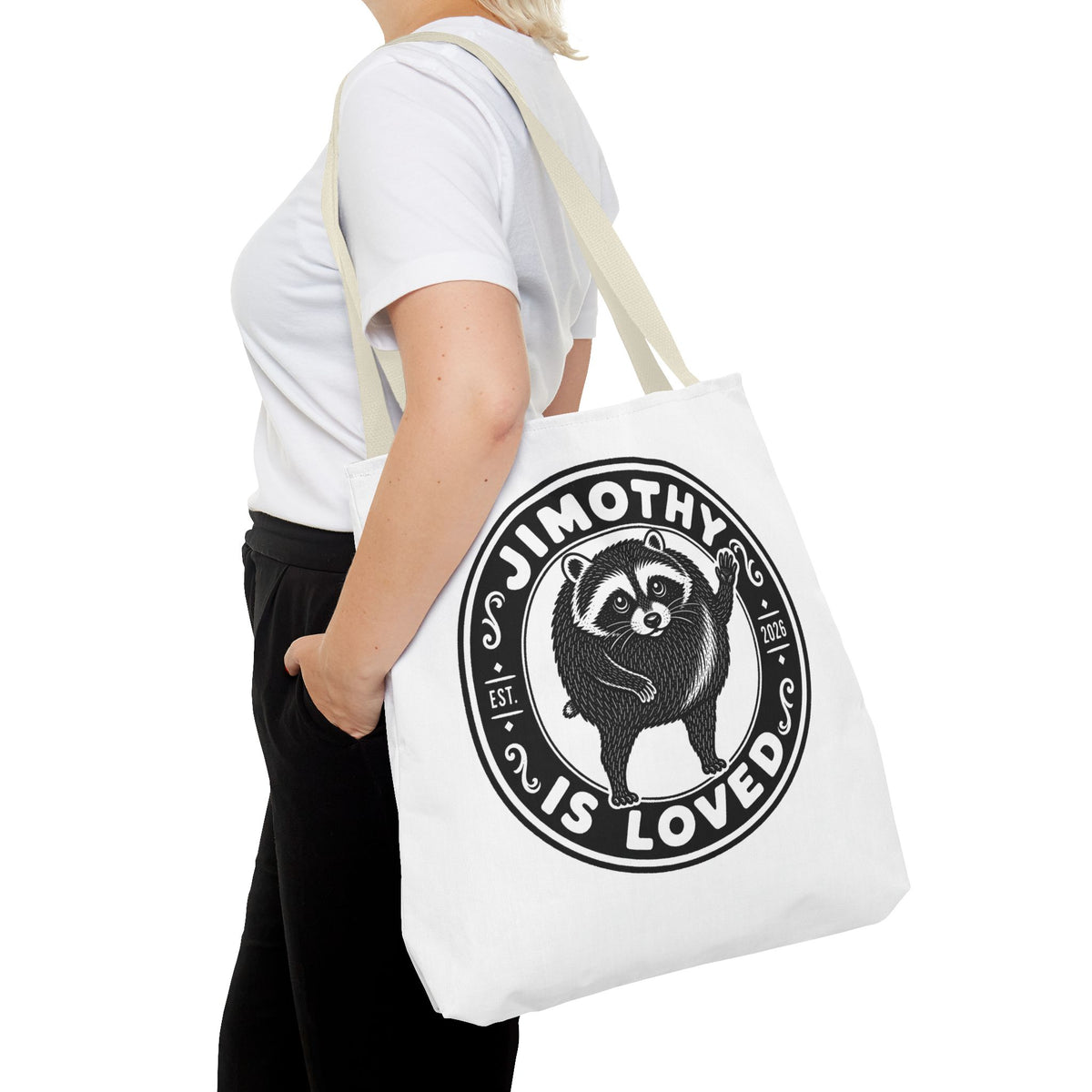 Personalized Raccoon Tote — "Jimothy Is Loved" Graphic Tote Bag