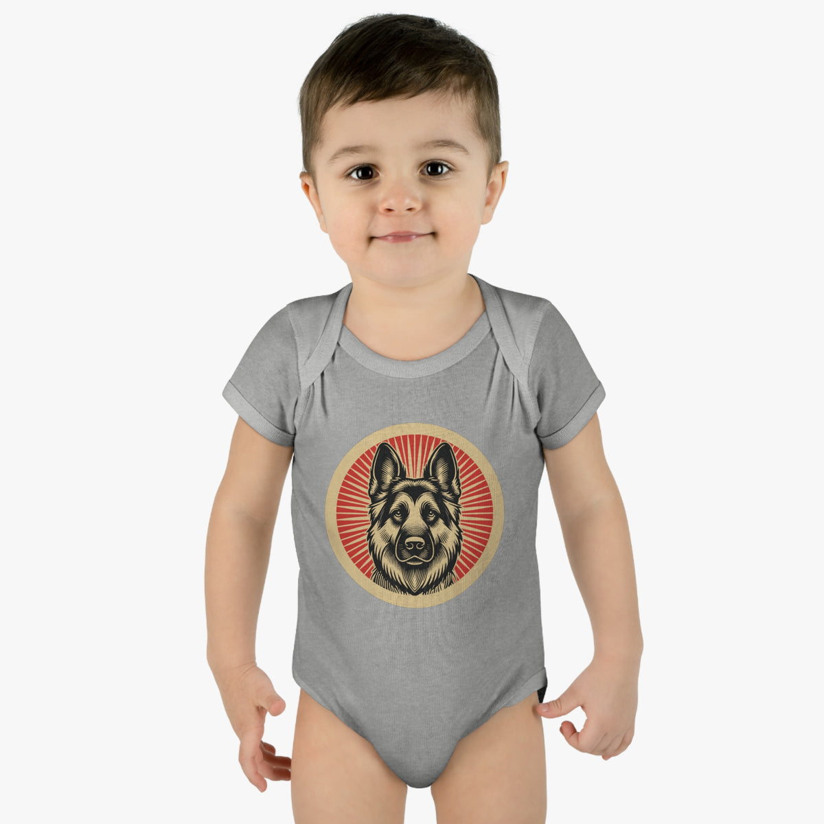 German Shepherd badge art in a ring of red rays on a baby bodysuit