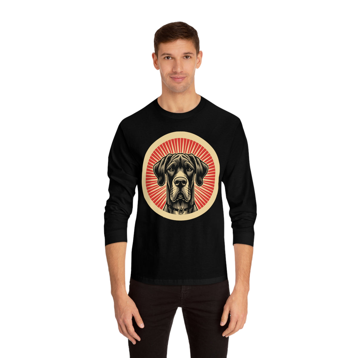 Great Dane badge art in a ring of red rays on a long-sleeve tee