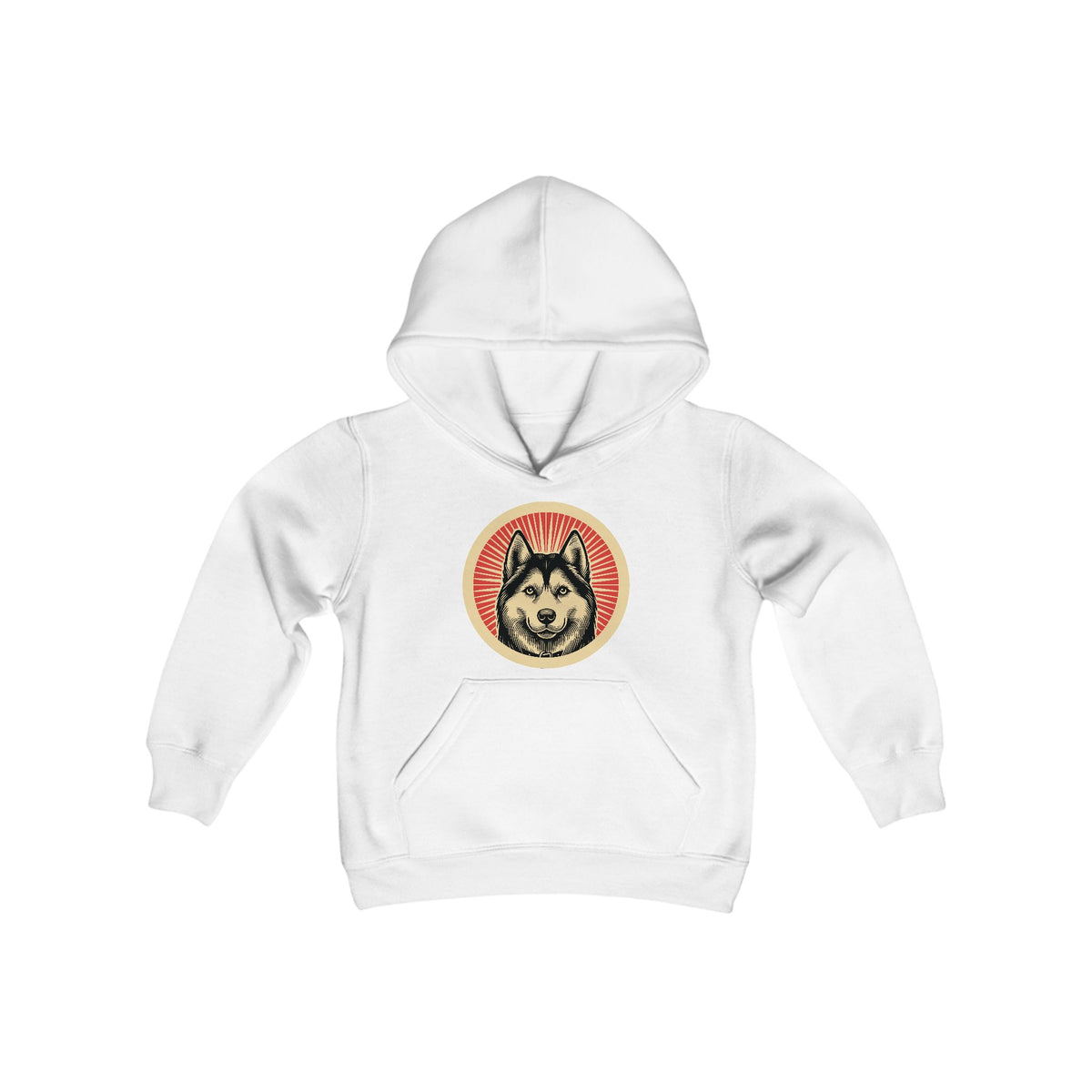 Siberian Husky badge art in a ring of red rays on a kids' hoodie