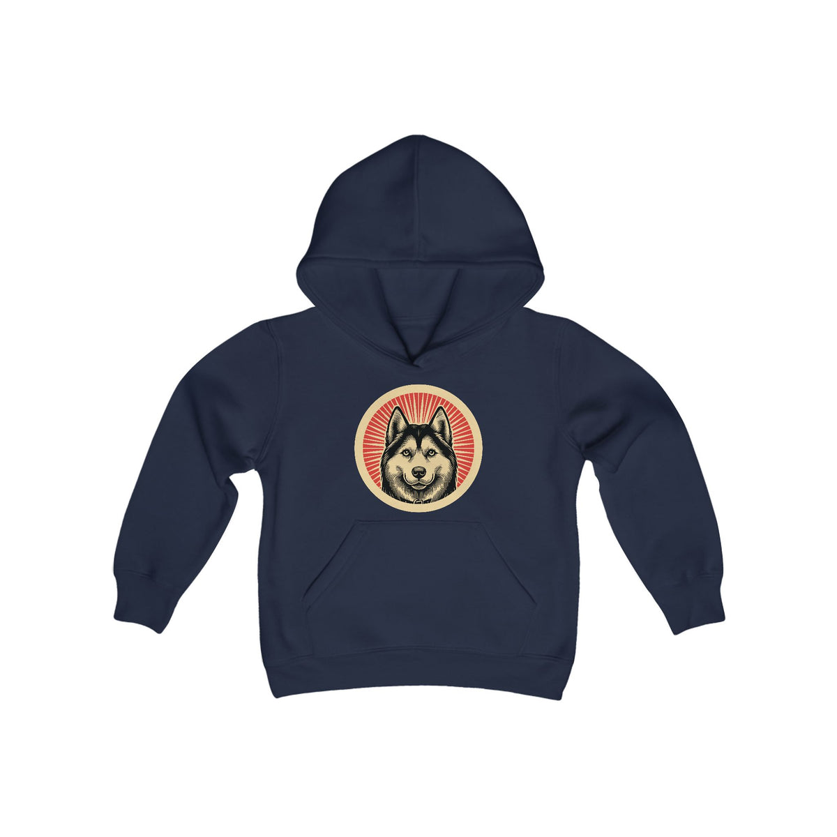 Siberian Husky badge art in a ring of red rays on a kids' hoodie