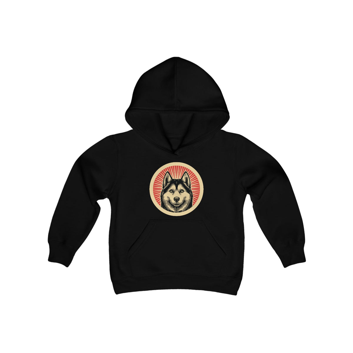 Siberian Husky badge art in a ring of red rays on a kids' hoodie