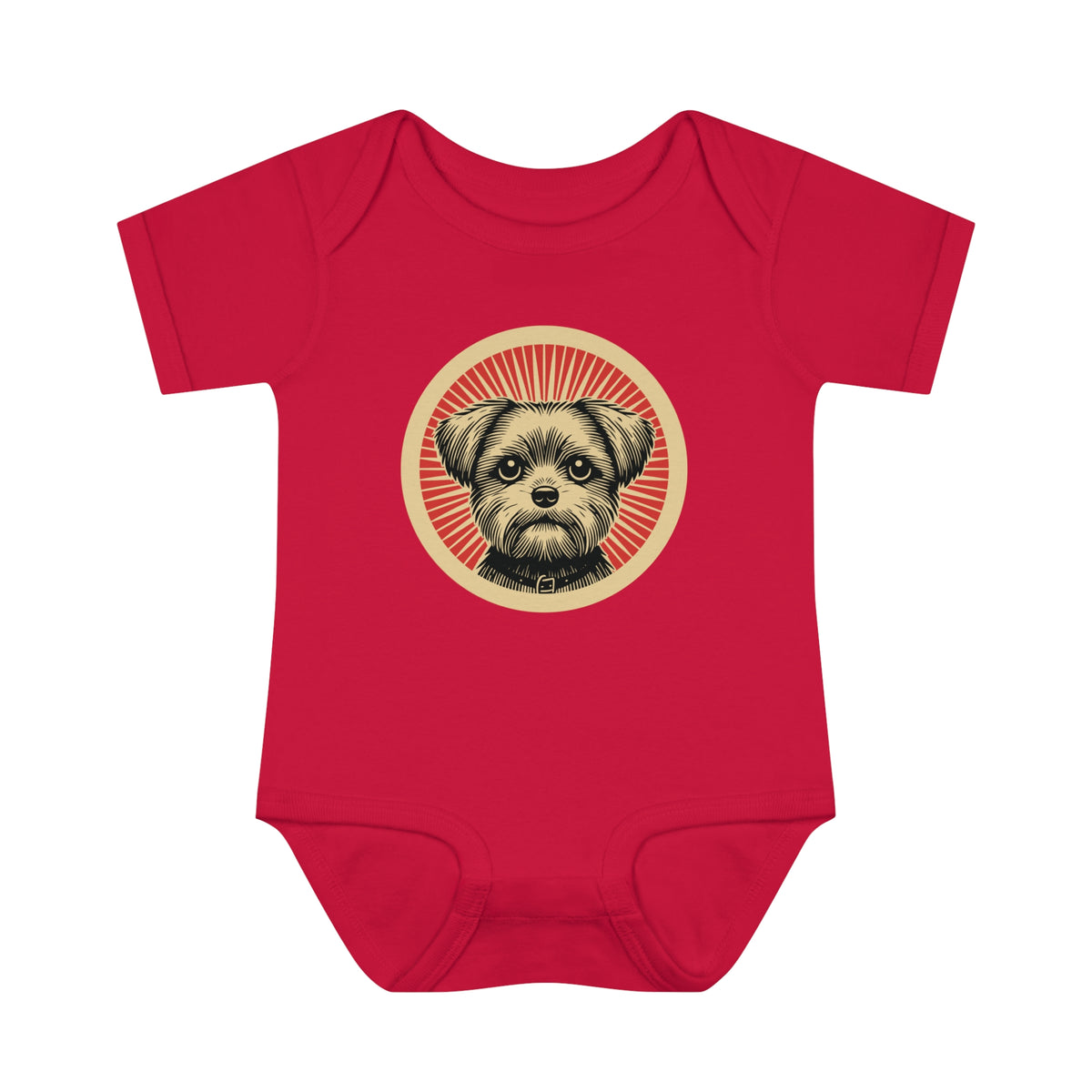 Shorkie badge art in a ring of red rays on a baby bodysuit