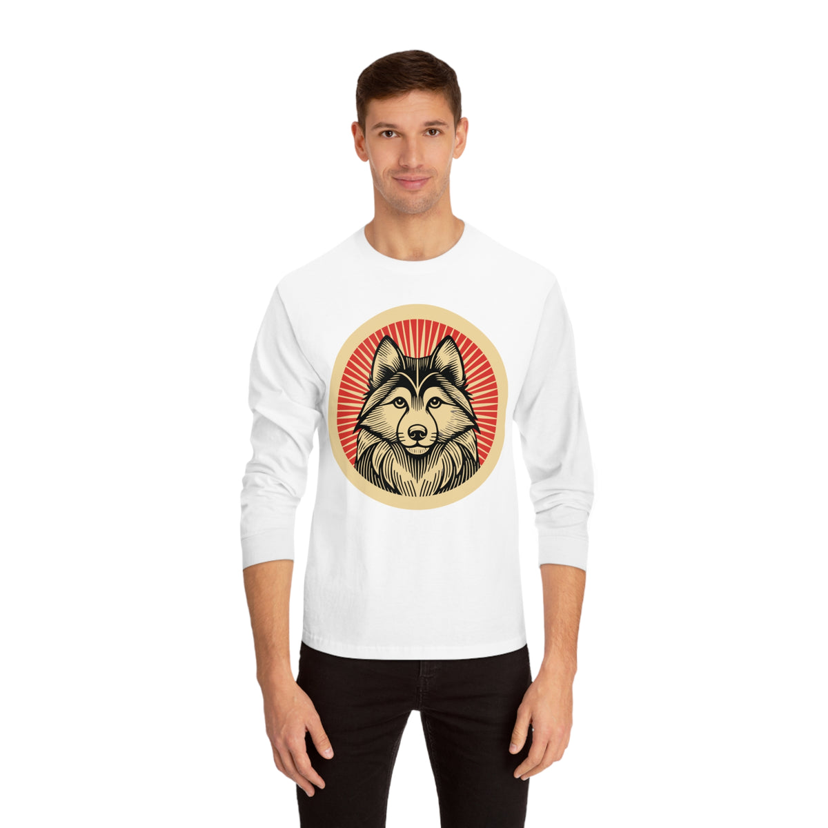 Alaskan Klee Kai badge art in a ring of red rays on a long-sleeve tee