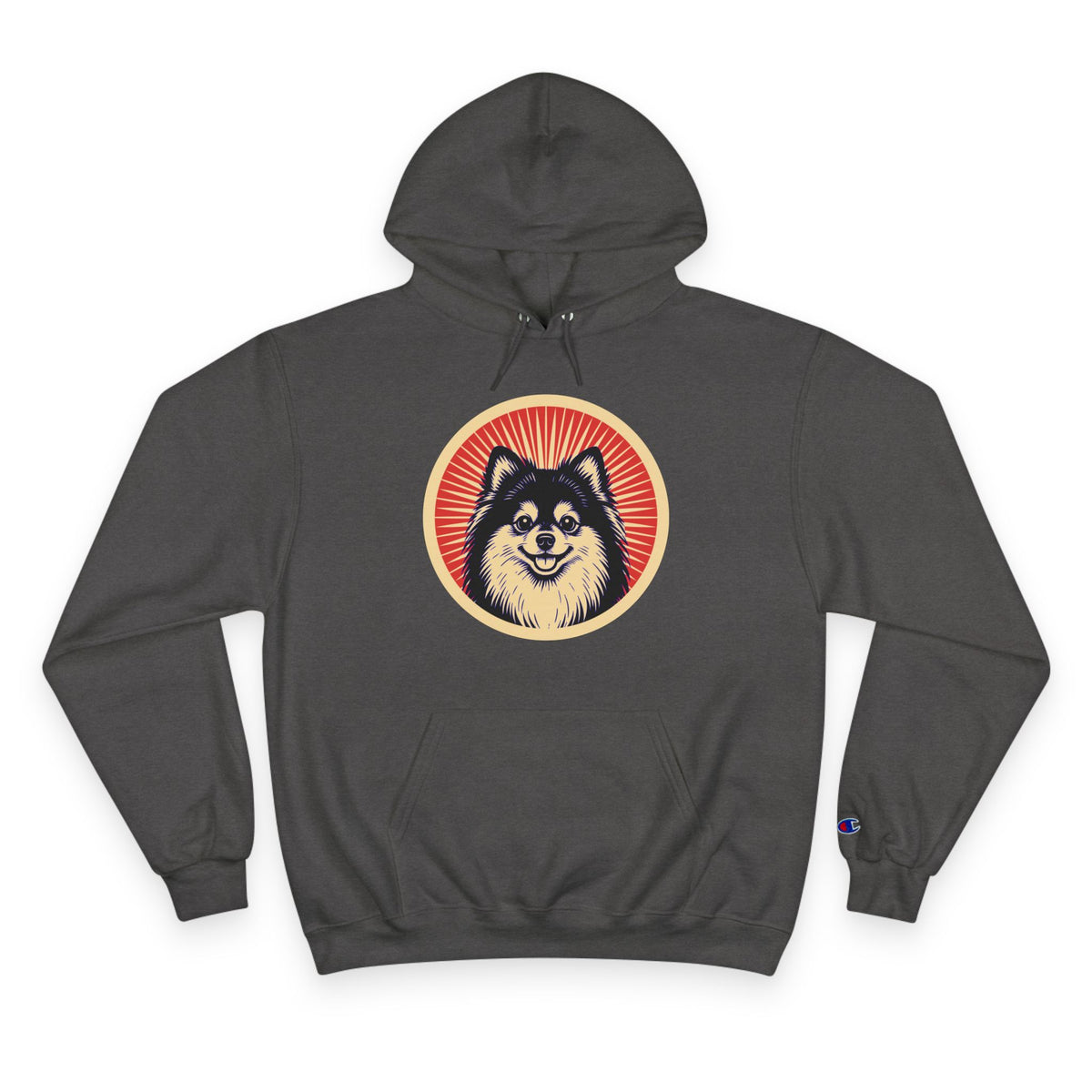 Pomeranian badge art in a ring of red rays on a champion hoodie