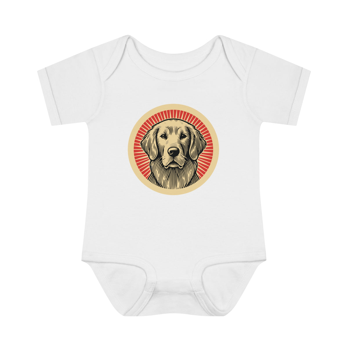 Golden Retriever badge art in a ring of red rays on a baby bodysuit