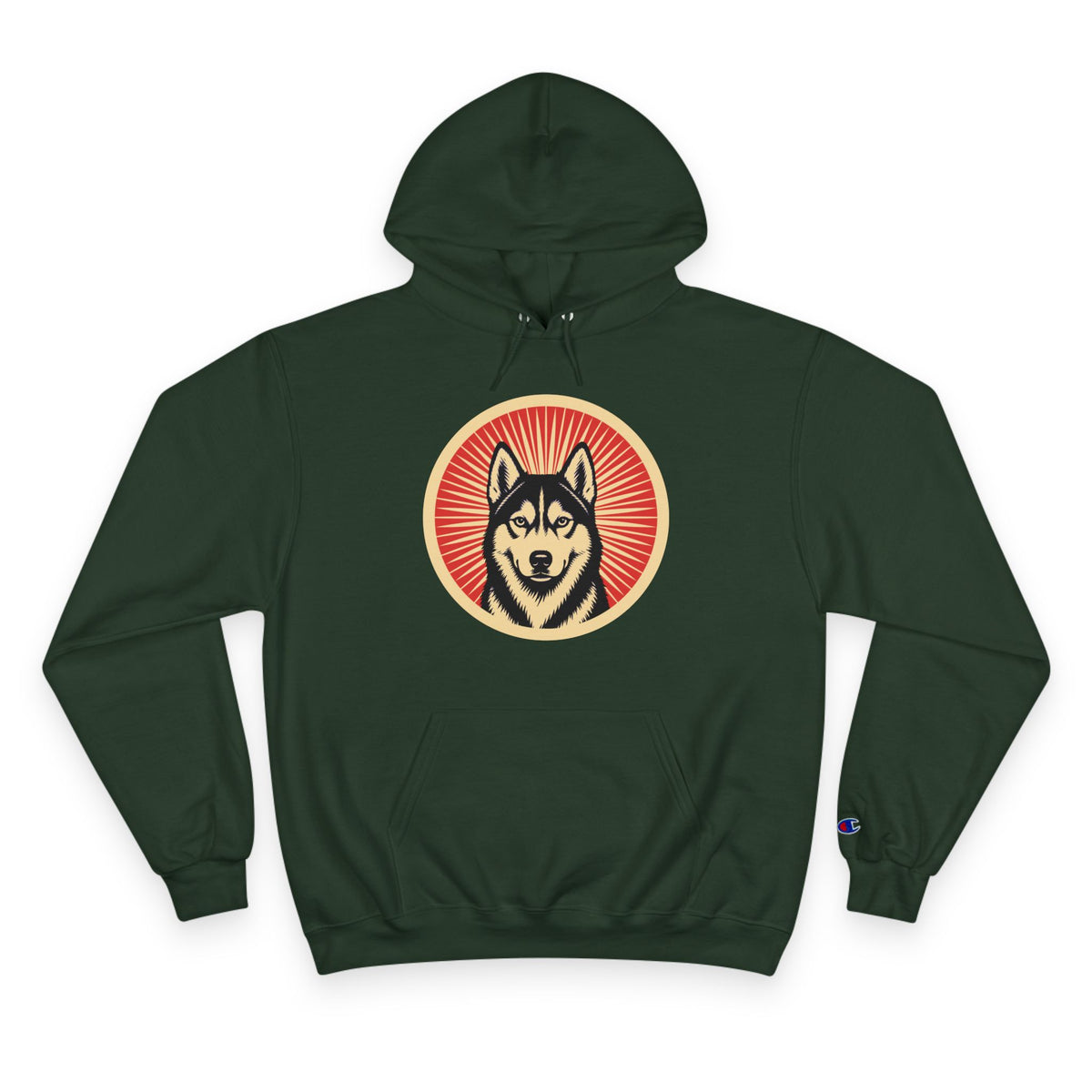 Siberian Husky badge art in a ring of red rays on a champion hoodie