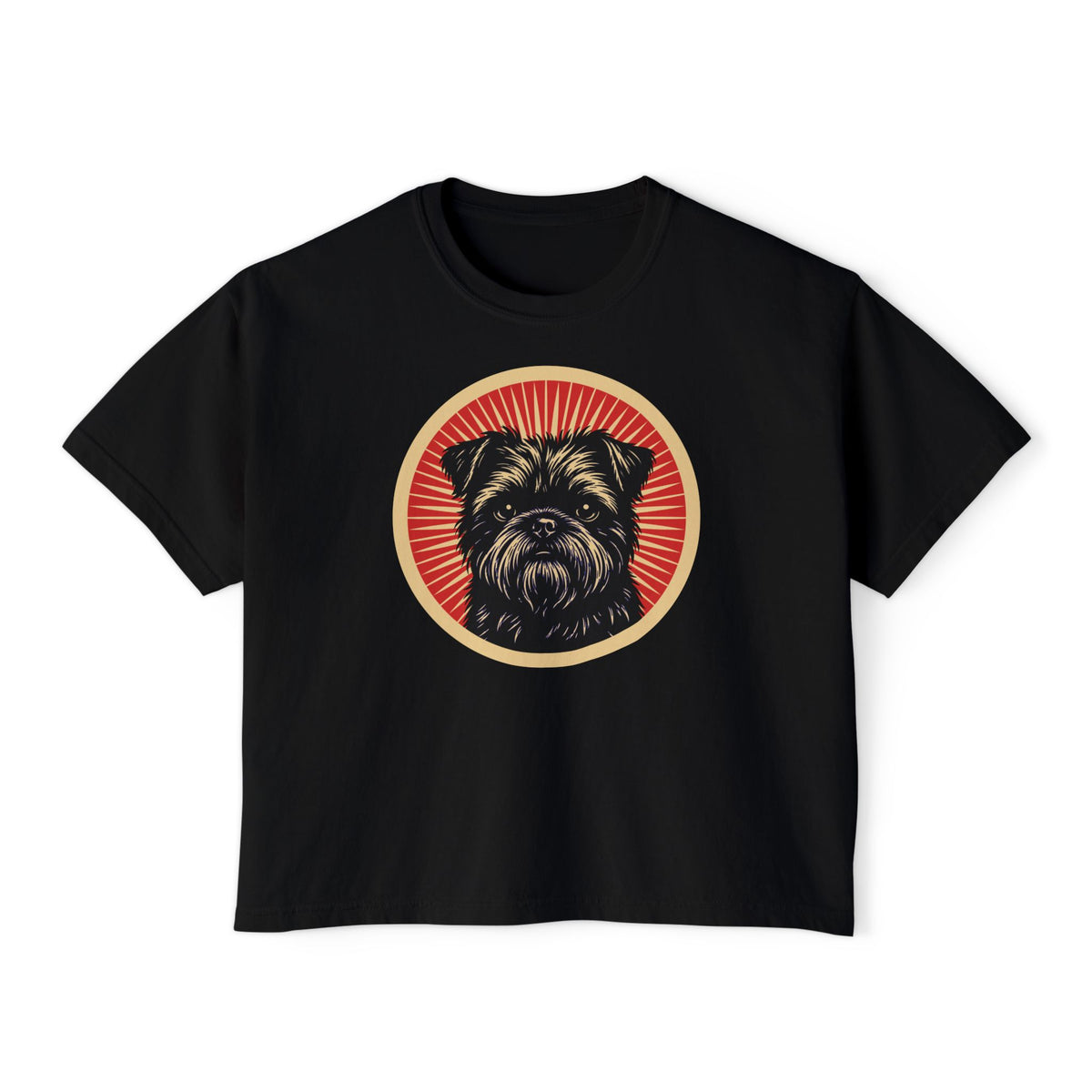 Affenpinscher badge art in a ring of red rays on a boxy tee