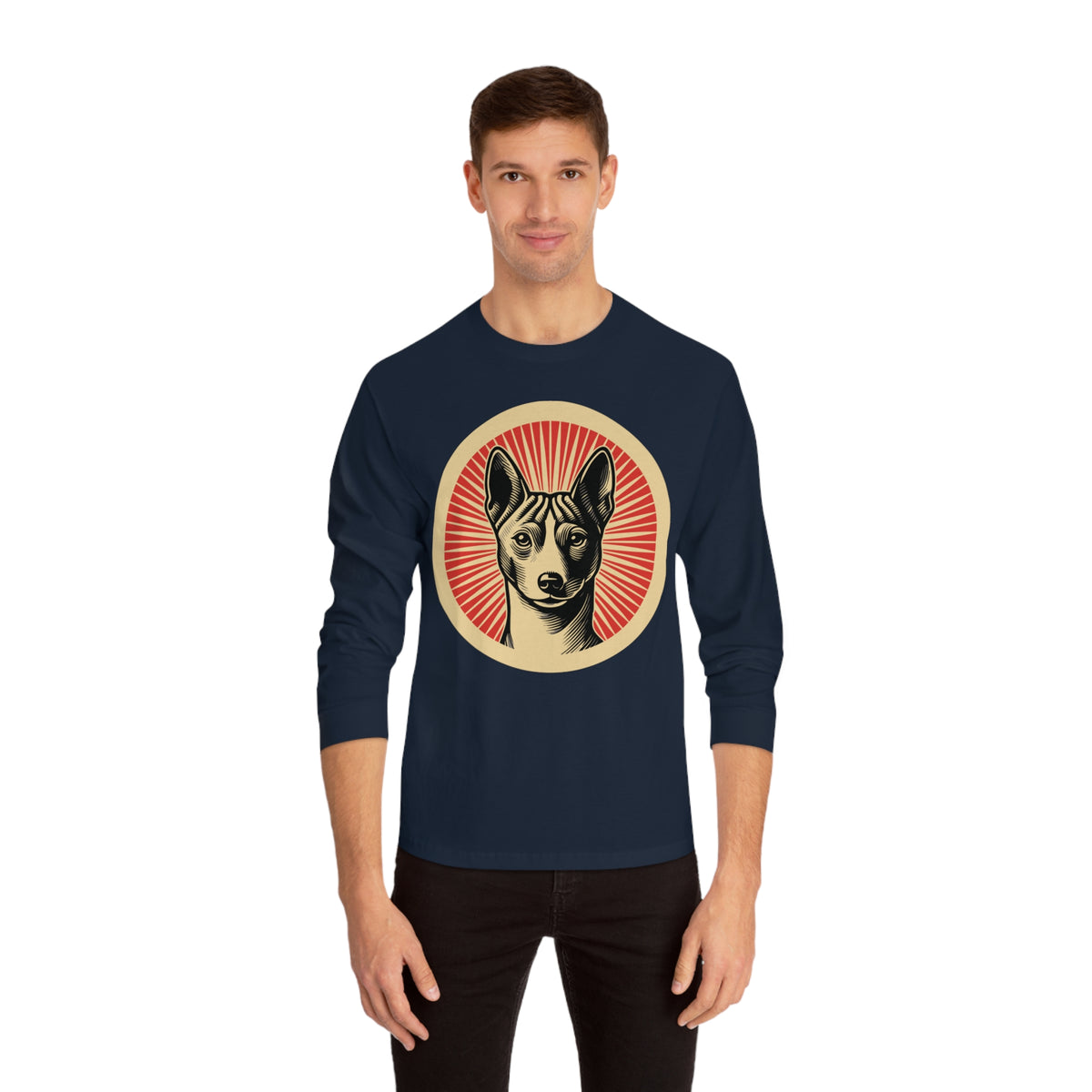 Basenji badge art in a ring of red rays on a long-sleeve tee