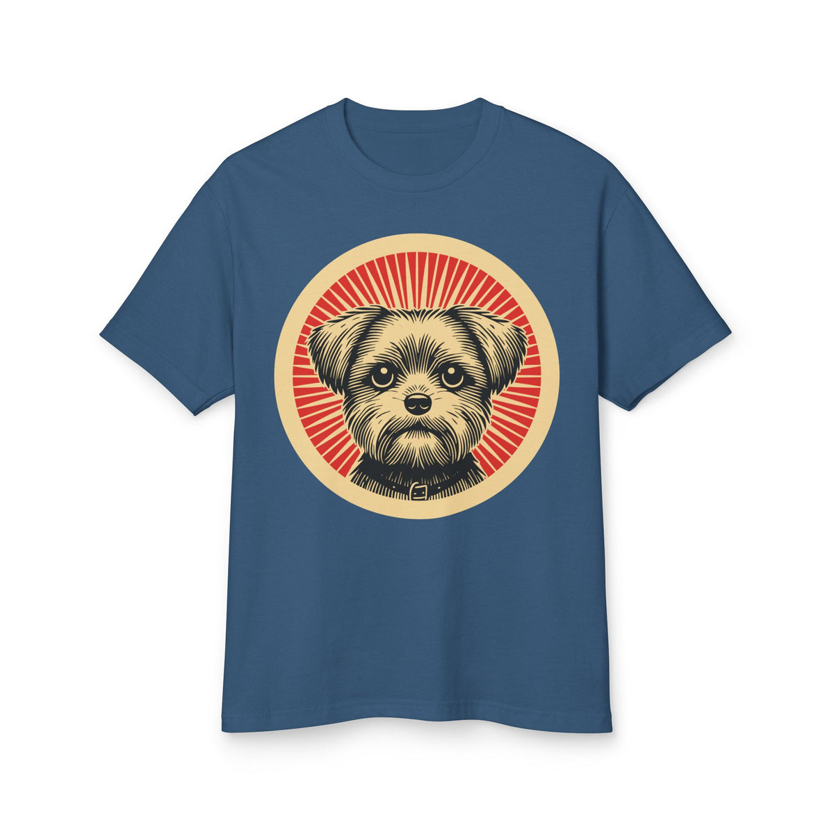Shorkie badge art in a ring of red rays on a heavyweight tee