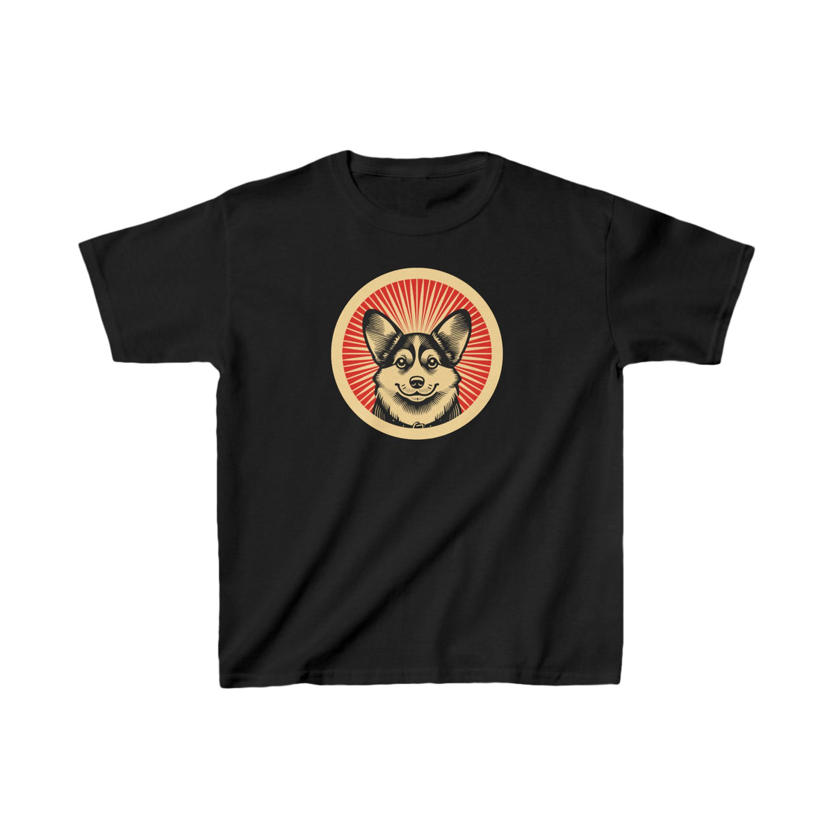 Pembroke Welsh Corgi badge art in a ring of red rays on a kids' tee
