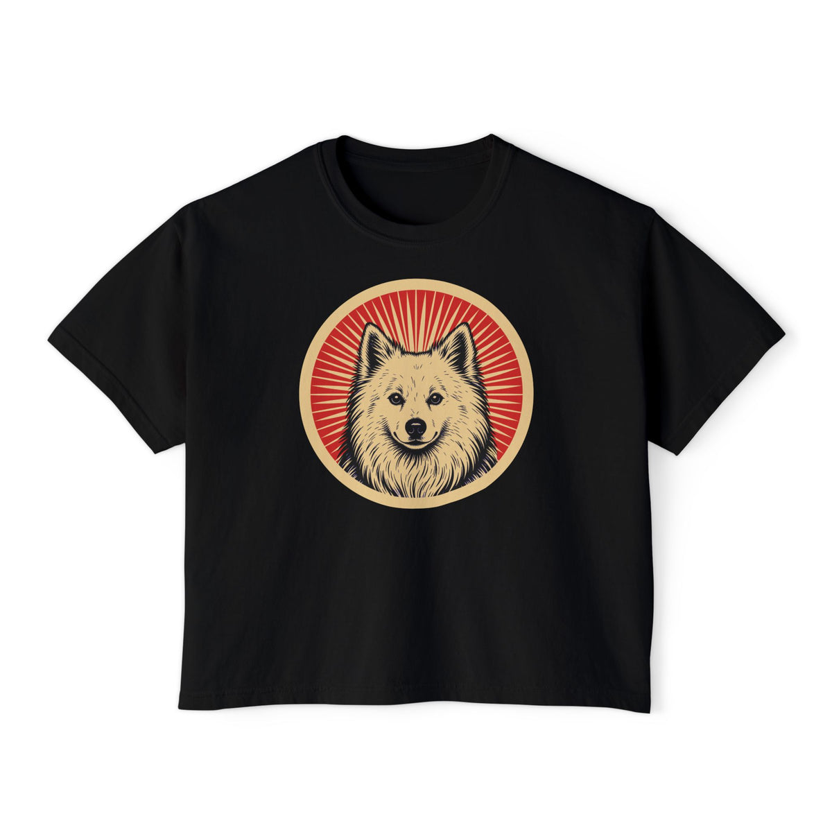 American Eskimo Dog badge art in a ring of red rays on a boxy tee